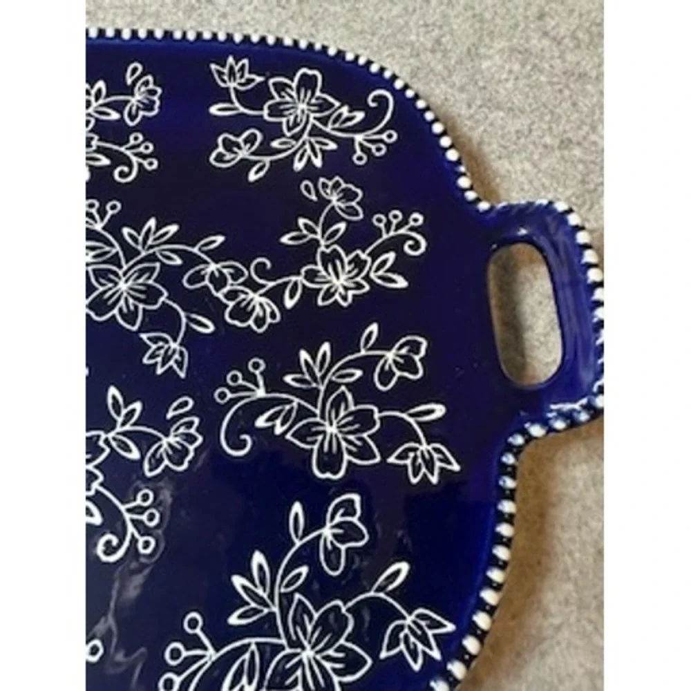Temp-tations Cobalt Blue Floral Ceramic Serving Tray Rectangular Platter Handles